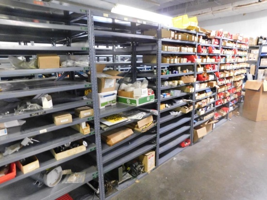LOT: Large Quantity of Steel Shelving with Contents of Bearings, Seals, Hose & Filters