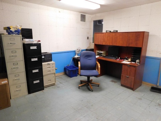 LOT: Contents of Office including Desk, (3) File Cabinets, Table, (3) Chairs, Office Supplies