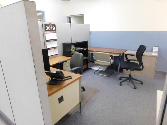 LOT: (8) Cubicle Work Stations, Assorted Chairs, File Cabinets & Monitors