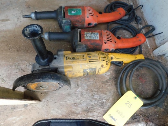 LOT: (2) Milwaukee Straight Shaft Grinders, (1) Dewalt Angle Grinder