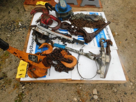 LOT: 1-1/2 Ton Chain Hoist, 2 Ton & 3 Ton Lever Hoists & Hook
