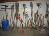 LOT: Assorted Rakes, Brooms, Shovels, Picks Etc.