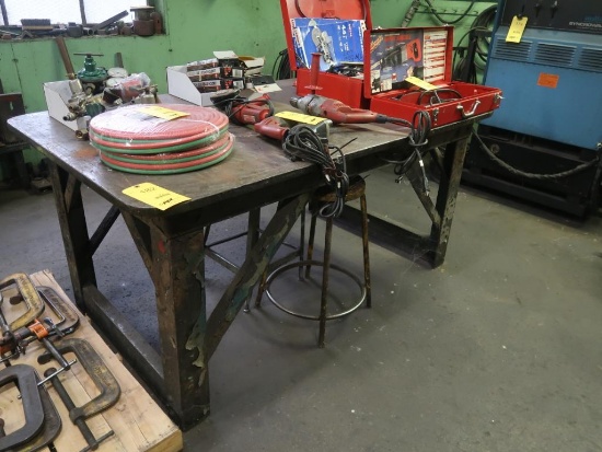 LOT: (1) 42 in. x 72 in. Heavy Duty Welding Table with 5 in. Vise, (2) Steel Horses