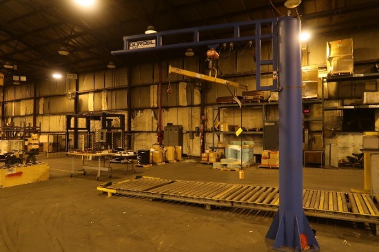 500 lb. x 360 Degree Free Standing Jib Crane, CM 300 Chain Hoist, Caldwell 300 lb. Spreader Bar