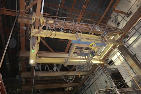 Mfr. Unknown 10 Ton x 16 ft. (est.) Span Double Girder Top Running Bridge Crane, with Budgit 1/2 Ton