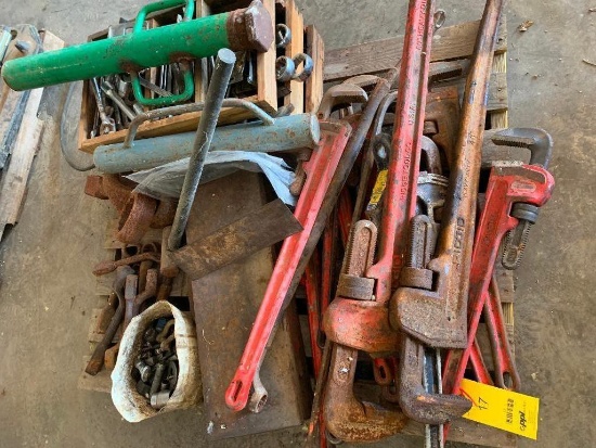LOT: Assorted Pipe Wrenches & Wrenches, (2) T-Post Drivers on (1) Pallet