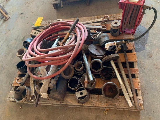 LOT: Assorted Tools, Sockets, Wrenches, Air Line & Air Line Reel