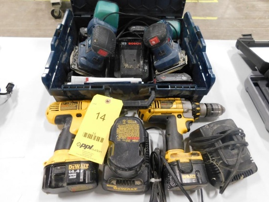 LOT: (2) Bosch Cordless Palm Sanders & (2) Dewalt Cordless Screw Guns, with Chargers