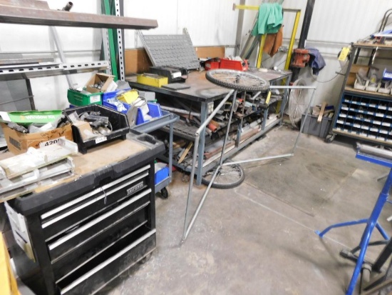 LOT: Remaining Contents of Maintenance Room including Contents of Rack, Steel Table & Cart, All