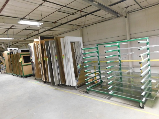 LOT: (11) Rolling Carts with Contents of Aluminum & Wood Sliding Doors and Screen Door Assemblies
