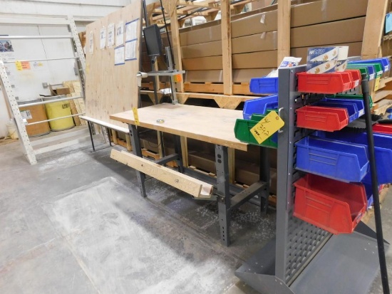 LOT: 30 in. x 72 in. Maple Top Work Bench with Inspection Table, Spool Rack, Rolling Parts Bin Rack