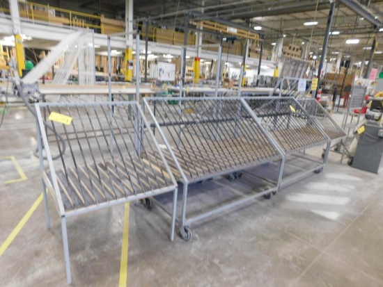 LOT: Assorted Rolling Sash Carts & Racks, 16 ft. x 4 ft. Assembly Table with Bar Code Scanner