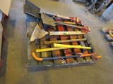 LOT: Assorted Shovels, Sledge Hammers, Weed Cutters, Mallets, Cooler, Brooms, Electric Tape, etc. on
