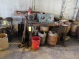LOT: (2) Tables, (4) Stands, (1) Custom Storage Box, Assorted Barrel Pumps (along south wall of