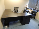 LOT: (3) L Desks, Office Desk, (2) Lateral File Cabinets, File Cabinet, Table, Wooden Storage Shelf,