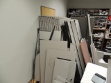 LOT: Cubicle Panels, Office Desk, Work Tables, Steel Shelving Units, Wooden Storage Bins, Misc.