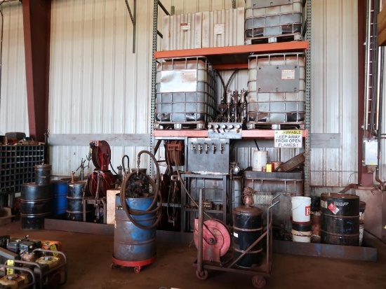 LOT: Lubricant Distribution System including Pneumatic Pumps, (7) Assorted Hose Reels, Barrel with