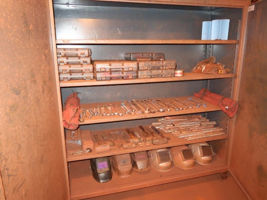 LOT: Miscellaneous Equipment including Socket Sets, Combination Wrenches, Hammers, Welding Helmets