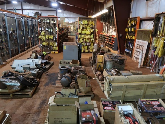 LOT: Assorted Gear Boxes, Connectors, Electrical Boxes, Air Compressor (parts machine), Eye Wash