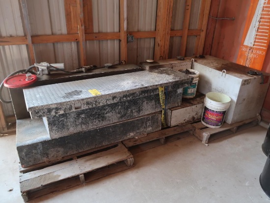 LOT: Contents of Rear Shed including Fuel Transfer Tanks, Tool Boxes, Pneumatic Barrel Pump, Signs,