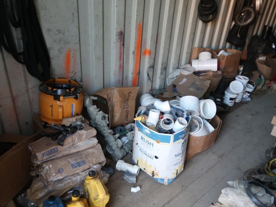 LOT: Storage Container & Contents including PVC & Steel Fittings, 300 Gallon Tote, Tank (on top),