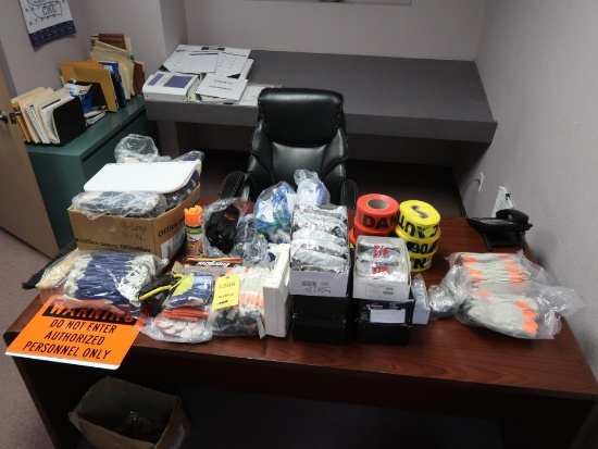 LOT: Assorted Safety Equipment including Gloves, Safety Glass, Caution Tape