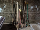 LOT: Assorted Garden Tools, Rakes, Shovels, Post Hole Diggers, etc.