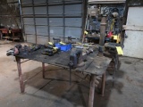 LOT: (1) 36 in. x 72 in. Steel Work Table w/(2) Vise's and (1) 12 in. Bench Drill Press, (1) Wood