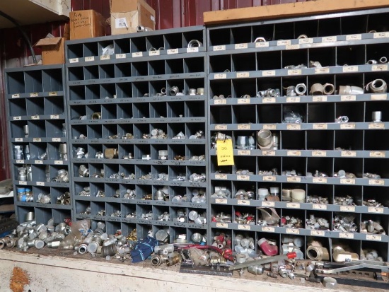 LOT: Large Quantity of Hydraulic Fittings with Cubby Hole Shelving & Drawers