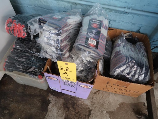 LOT: Assorted Gloves in (2) Cartons & (1) Plastic Bin, (1) Husky LED Work Light