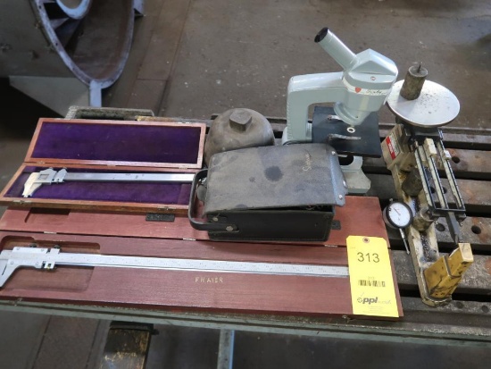LOT: (2) Assorted Calipers, (1) Microscope, (1) Scale, (1) Simpson Multimeter