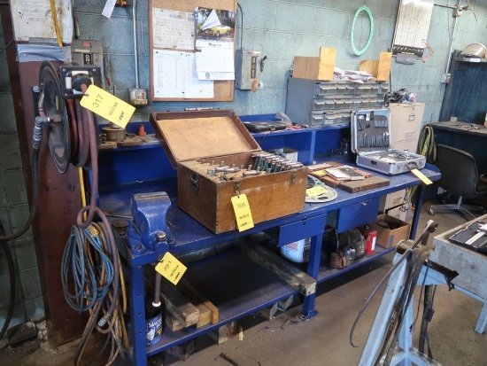 LOT: 36 in. x 96 in. Steel Work Bench with 5 in. Vise, (2) Wooden Cabinets