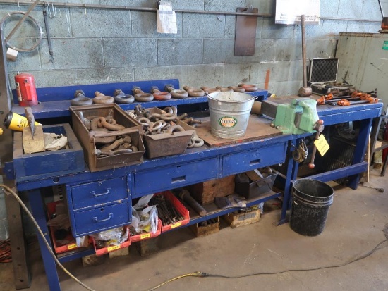 LOT: (1) Work Bench with 5 in. Bench Vise & Assorted Eye Bolts, (1) Table with Assorted Bar Clamps