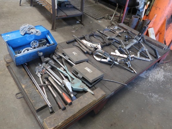 LOT: (1) Wood Top Shop Cart with Bearing Pullers & Tubing Benders