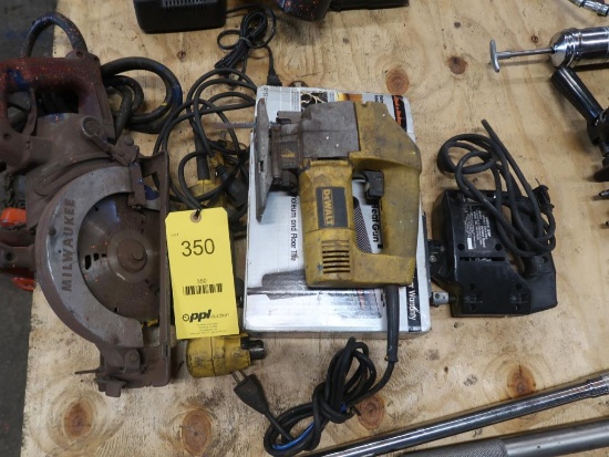 LOT: (2) Assorted Jig Saws, (1) 7 in. Worm Drive Saw, (1) Right Angle Drill, (1) Heat Gun
