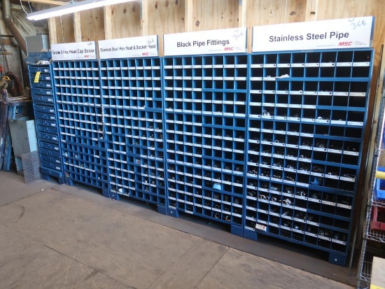 LOT: (4) Rows Multi-Bin Parts Cabinets with Assorted Nuts, Bolts, Washers, Pipe Fittings, etc., (1)