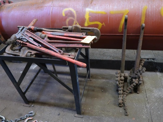 LOT: (2) Large Chain Wrenches, Assorted Pipe Wrenches on Stand