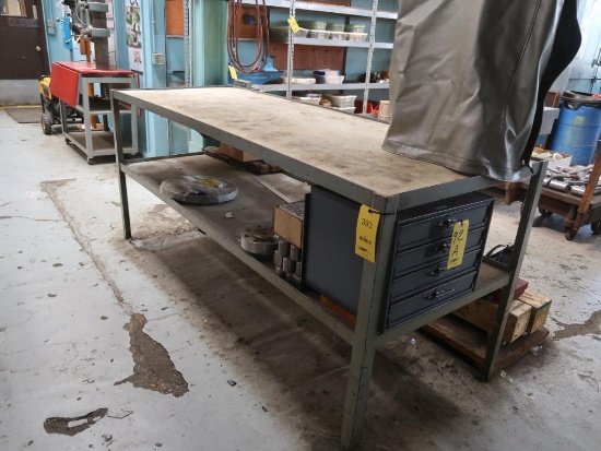 LOT: (1) 36 in. x 96 in. Steel Table (no contents), (3) Sections Adjustable Steel Shelving (no