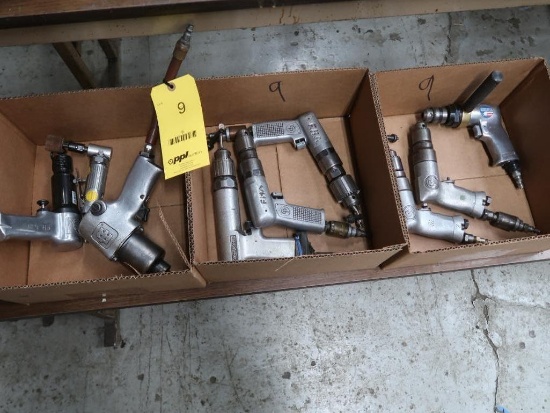 LOT: (1) 1/2 in. Impact, (1) Right Angle Die Grinder, (1) Chisel, (6) Pneumatic Drills