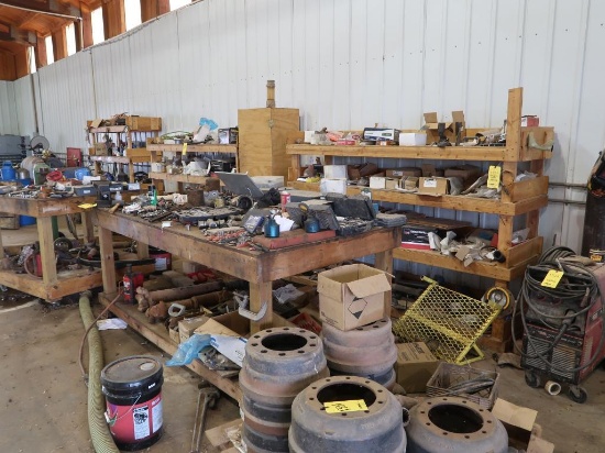 LOT: Balance of Garage Contents including Tools, Work Benches, Vise, Truck Parts, Pallet Rack,