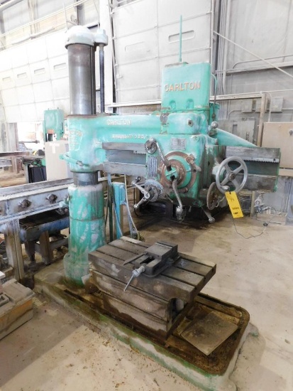 Carlton 4 ft. x 9 in. Column Radial Drill, S/N 0A221, with Variable Speed Roller Feed Conveyor,