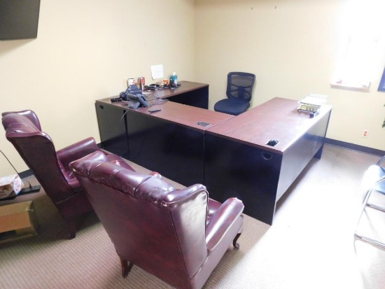 LOT: Contents of Office: U-Shaped Desk, (4) Assorted Chairs, 55" Visio TV, Office Supplies, etc. (NO