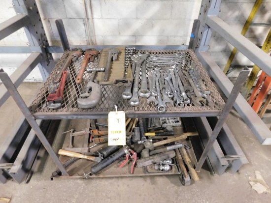 LOT: Rolling Cart w/Large Assortment of Pipe Wrenches, Pipe Cutter, Combo Wrenches, Hammers,
