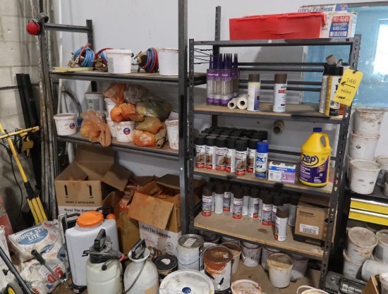 LOT: Contents of (3) Shelves consisting of: Paint, Tools, Garden Equipment, Brooms, Rakes