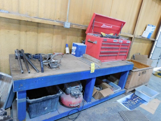 LOT: Tool Box w/Tools, (4) Petol Tongs, (2) Mazzel (2) Leg Lifters, Compressor