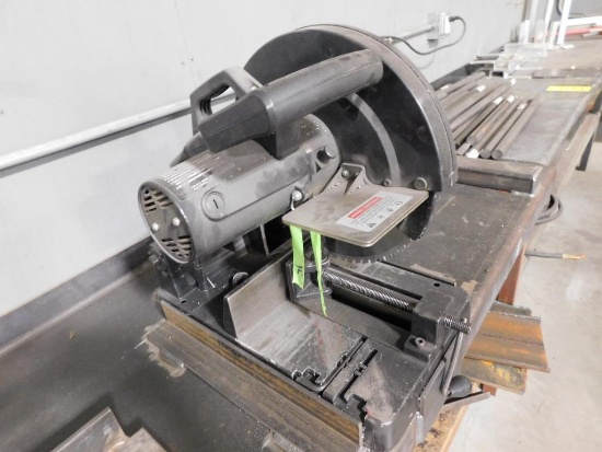 LOT: Metal Devil 14'' Cutoff Saw & Assorted Tools w/ Metal Workbench (LOCATED IN GREEN BLDG.)