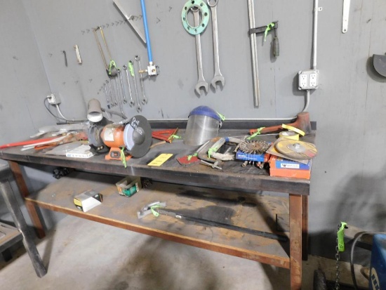LOT: Metal Workbench w/ 8'' Double End Grinder & Assorted Hand Tools (LOCATED IN GREEN BLDG.)