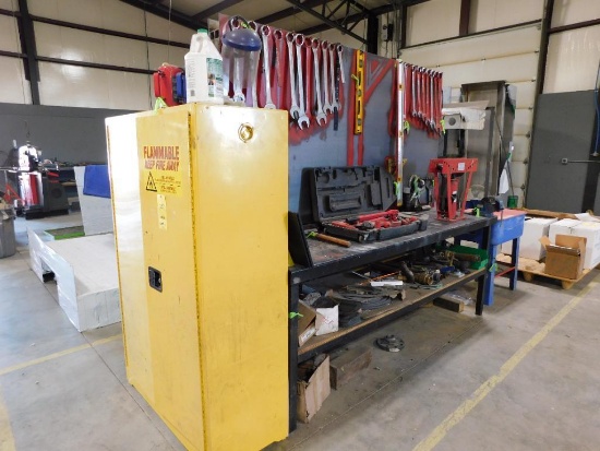 LOT: Eagle 45-Gallon Flammable Liquid Storage Container, (2) Steel Workbenches, Porta Power, Bend...