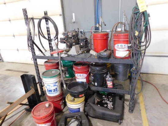 LOT: Rack w/ Gas Powered Pump & Assorted Fluids (LOCATED IN GREEN BLDG.)