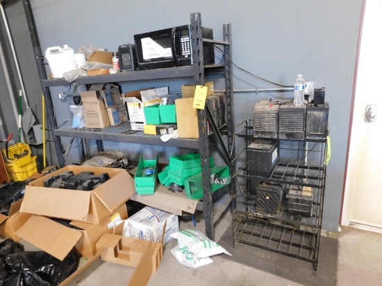 LOT: Rack w/Filters, Fluids & Dead Batteries (LOCATED IN GREEN BLDG.)